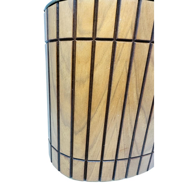 Vintage MCM Gruvwood Walnut Slat Trash Can | Mid Century Modern Wastebasket National Products Louisville Ky | 1964 World's Fair House of Good Taste For Sale In Tampa - Image 6 of 10
