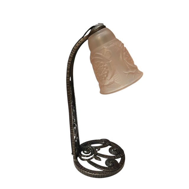 Metal Wrought Iron and Molded Glass Table Lamp, 1930s For Sale - Image 7 of 7