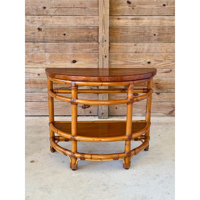 1940s Modernist Rattan & Mahogany Demilune Side Table by Rattanage For Sale - Image 11 of 12