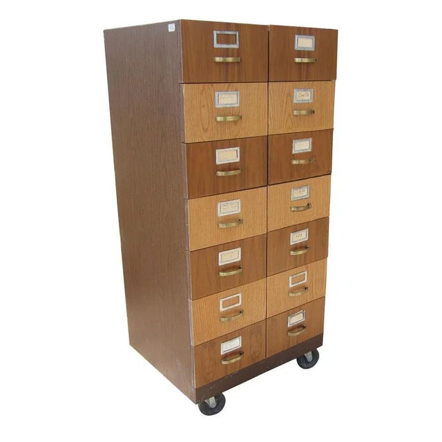 Brown Vintage Rolling Card File Storage Cabinet For Sale - Image 8 of 8