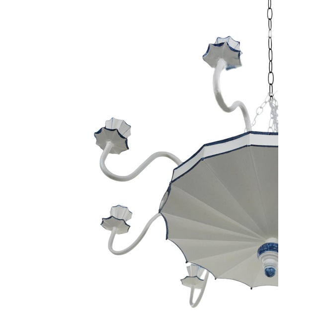 Early 21st Century Vintage Blue and White Handmade Iron 8-Lamp Chandelier For Sale - Image 5 of 9