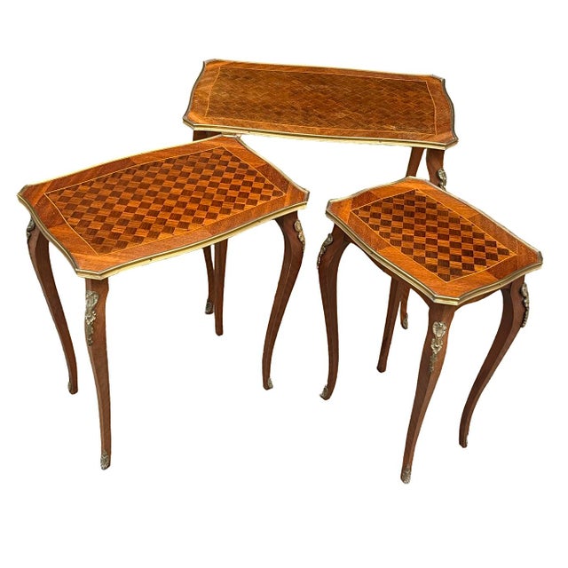 Antique Louis XV French Parquetry Top Nest of Tables, 1920s, Set of 3 For Sale - Image 3 of 8