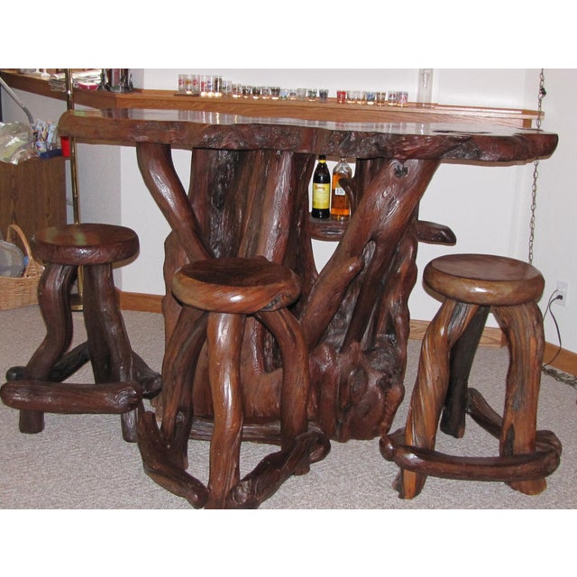 Redwood Bar With Speed Rail And Stools Chairish