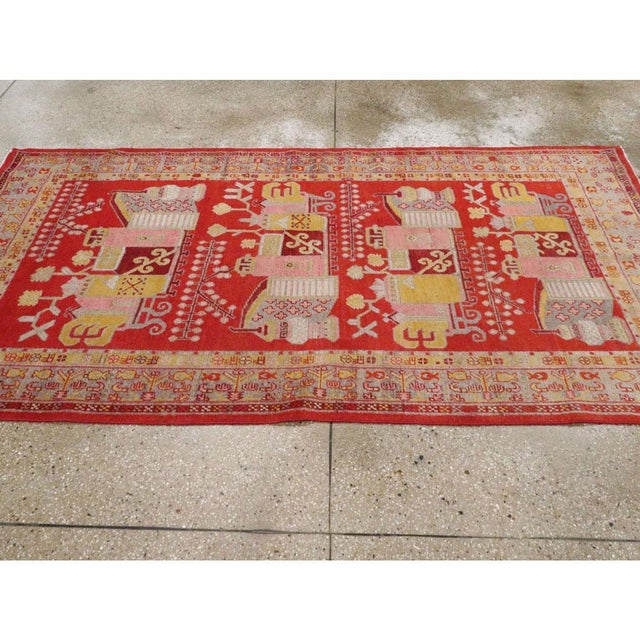 Textile Galerie Shabab Collection Early 20th Century East Turkestan Pictorial Vase Khotan Small Gallery Rug in Red For Sale - Image 7 of 8