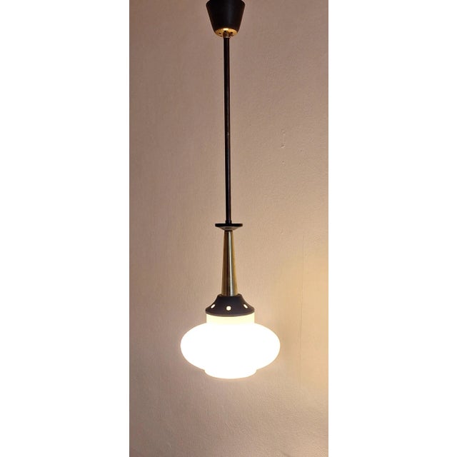Black Mid-Century Brass and Black Lacquered Metal Ceiling Lamp with White Opaque Glass Shade, 1960s For Sale - Image 8 of 8
