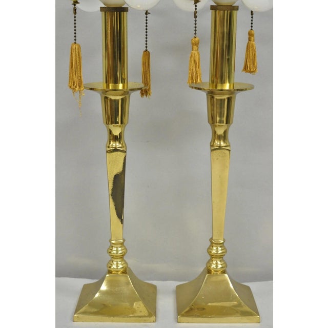 Late 20th Century Hollywood Regency Tommi Parzinger Style Brass Candlestick Table Lamp Pair For Sale - Image 4 of 12