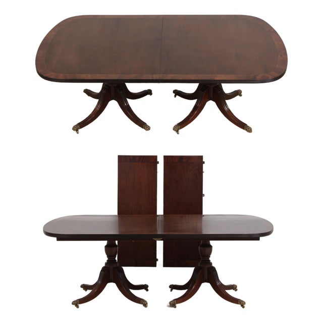 Smith & Watson Banded Inlaid Mahogany Pedestal Double Dining Table For Sale