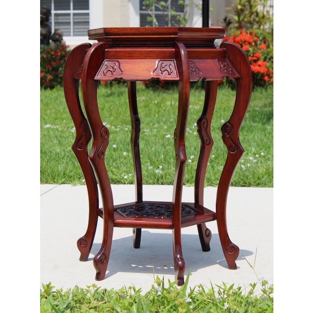 Vintage Chinese Rosewood Hexagonal Plant Stand / Pedestal With Mother-of-Pearl Inlay For Sale In Naples, FL - Image 6 of 16