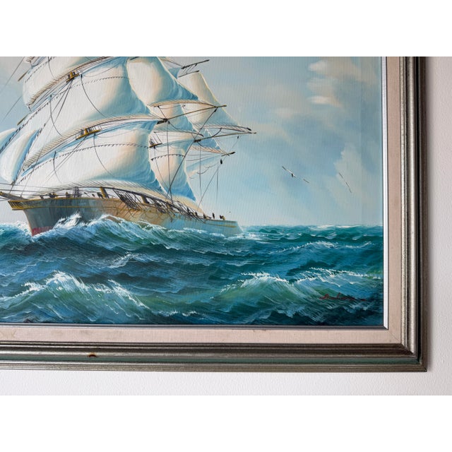 1970s Vintage Sailing Ship Seascape Oil on Canvas Painting, Framed For Sale - Image 9 of 12