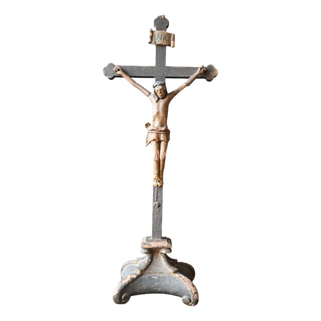 Antique Polychrome Wooden Crucifix Statue For Sale