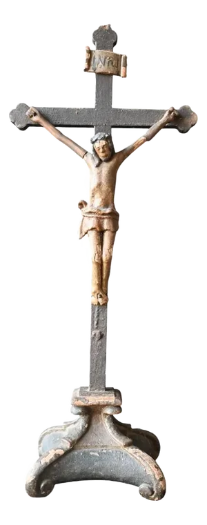 Antique Polychrome Wooden Crucifix Statue