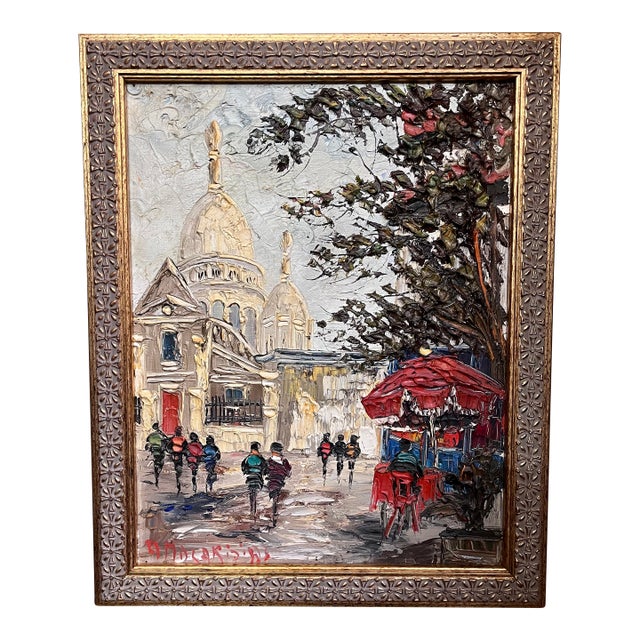 Vintage Mid-Century Parisian Street Scene Impasto Oil Painting - Sacré-Cœur, Montmartre For Sale