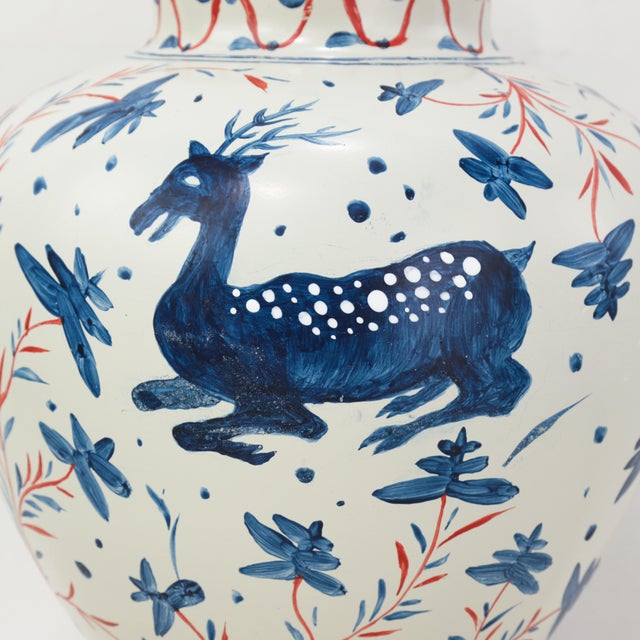 Pair of Vintage Brunschwig & Fils Cadiz Table Lamps - Blue and Cream Ceramic With Boar and Deer Motif For Sale - Image 10 of 15