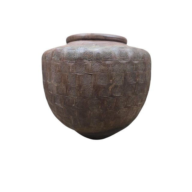 Vintage Hand-Carved African Hardwood Storage Vessel with Geometric Tribal Decoration A substantial hand-carved African...