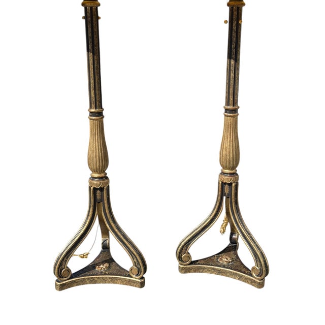 Pair of Regency Style Nancy Corzine Black & Gold Floor Lamps.