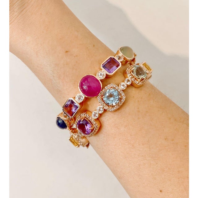 Bochic Capri” Vintage Sapphire & Multi Natural Gem Bangle Set 18K Gold & Silver For Sale - Image 11 of 15