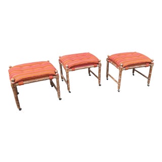 Faux Bamboo Wood Stool Ottomans - Set of 3 For Sale