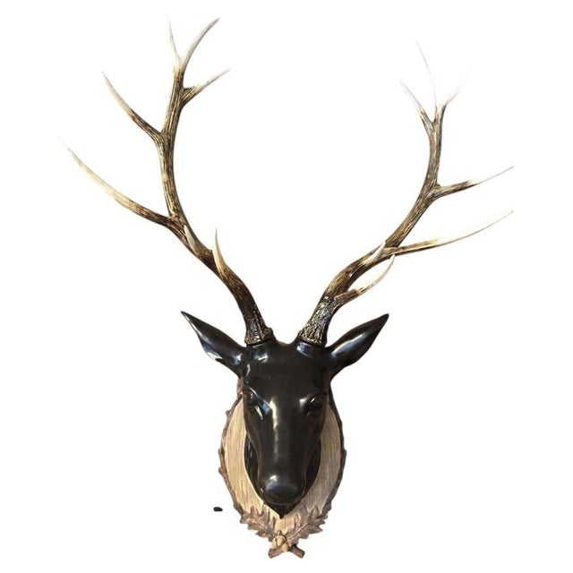 Large Wall-Mounted Stag Head Sculpture with Antler's in Bronze For Sale - Image 4 of 7