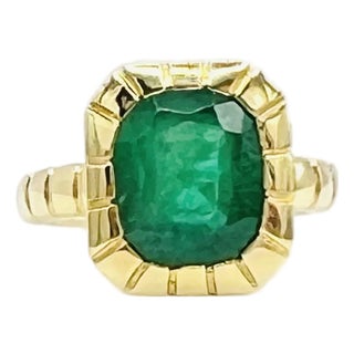 5 Carat Emerald Cushion Ring in 18k Yellow Gold, Size 6.5 For Sale