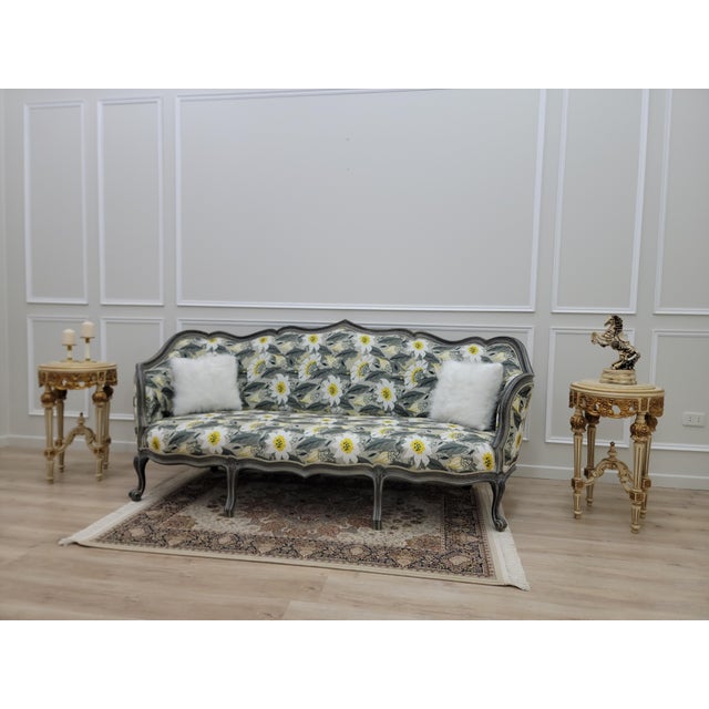 French Provincial Vintage French Provincial Sofa – Floral Upholstered Settee, Louis XV Style Couch, Ornate Carved Wood Frame,Grey & Yellow Floral Sofa For Sale - Image 3 of 15