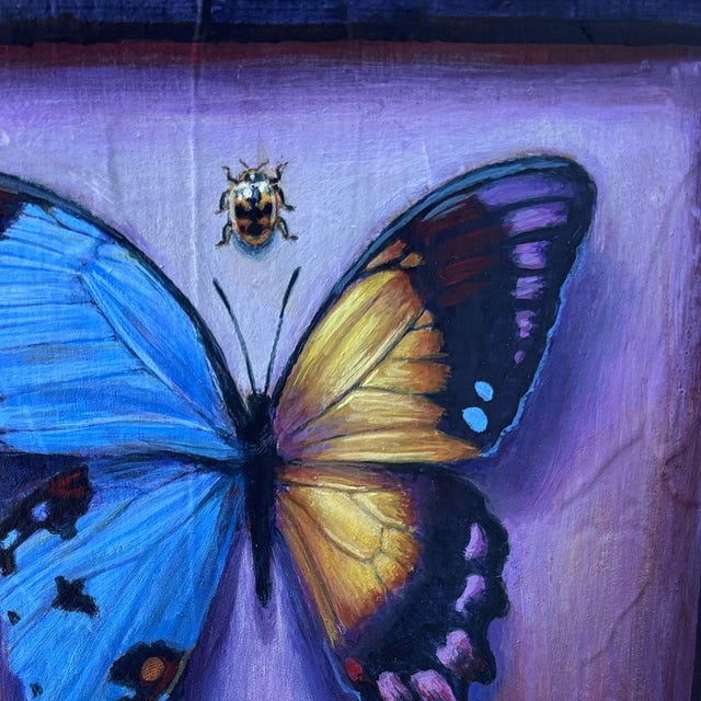 Hybrid Butterfly 55 by Stacy D'Aguiar | Acrylic on wood of a butterfly with blue and yellow wings For Sale - Image 4 of 5