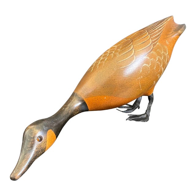 Vintage Hand Carved & Painted Canada Goose in Drinking Position Wood Decoy For Sale