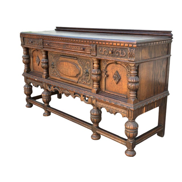 Jacobean Early 20th Century Jacobean Revival Carved Oak Buffet Sideboard For Sale - Image 3 of 12