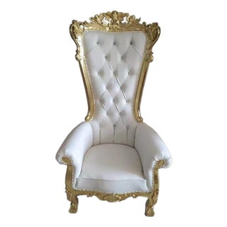 Luxury Gold & White Tufted Throne Accent Chair – Regal Statement Seating For Sale