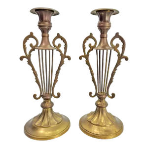 Vintage Brass Harp Candle Holders - a Pair