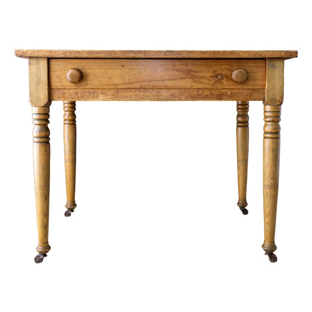 19th Century Scrubbed Pine Farmhouse Desk or Dining Table With Turned Legs For Sale