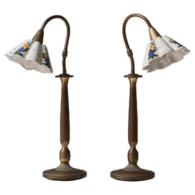 Scandinavian Flower Table Lamps in Brass and Faience by Svend Mejlstrøm, 1960s, Set of 2 For Sale