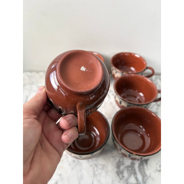Vintage Handmade Hand Painted Bulgarian Red Clay Pottery Tea/Coffee Cups For Sale - Image 4 of 4