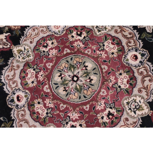Art Nouveau 1990's Medallion Pak-Persian Black/Pink Wool Round Rug- 5'11'' X 6'2'' For Sale In New York - Image 6 of 9