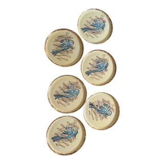 1940s Vadna of California 9 7/8 Inch Plates Bird of Paradise Mid Century Pottery - Set of 6 For Sale