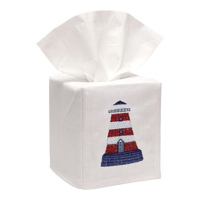 Red Lighthouse Tissue Box Cover White Linen & Cotton, Embroidered For Sale