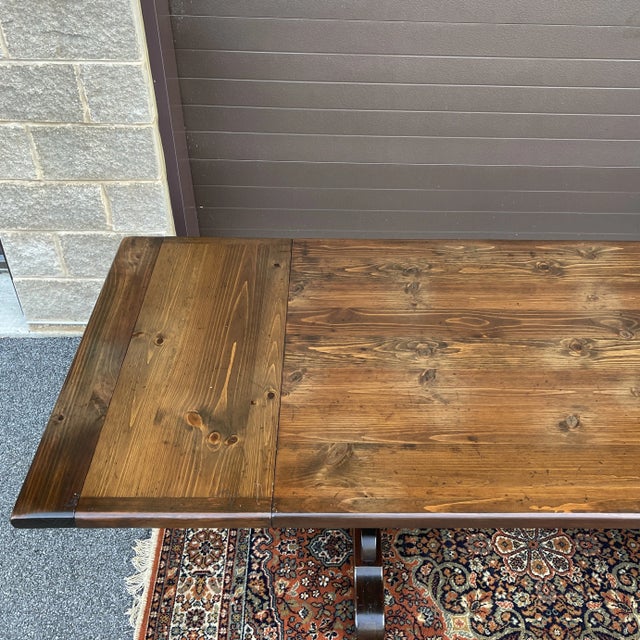 Ethan Allen Ethan Allen Old Tavern Antiqued Pine 100" End Extension Trestle Dining Table With Leaves (12-6044) For Sale - Image 4 of 12