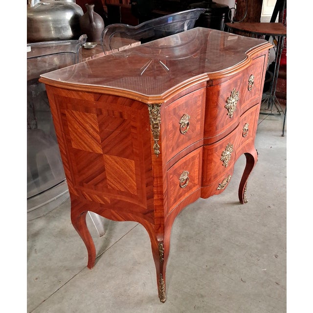 Louis XV Style Bombé Commode in Marquetry and Gilt Bronze For Sale - Image 4 of 6