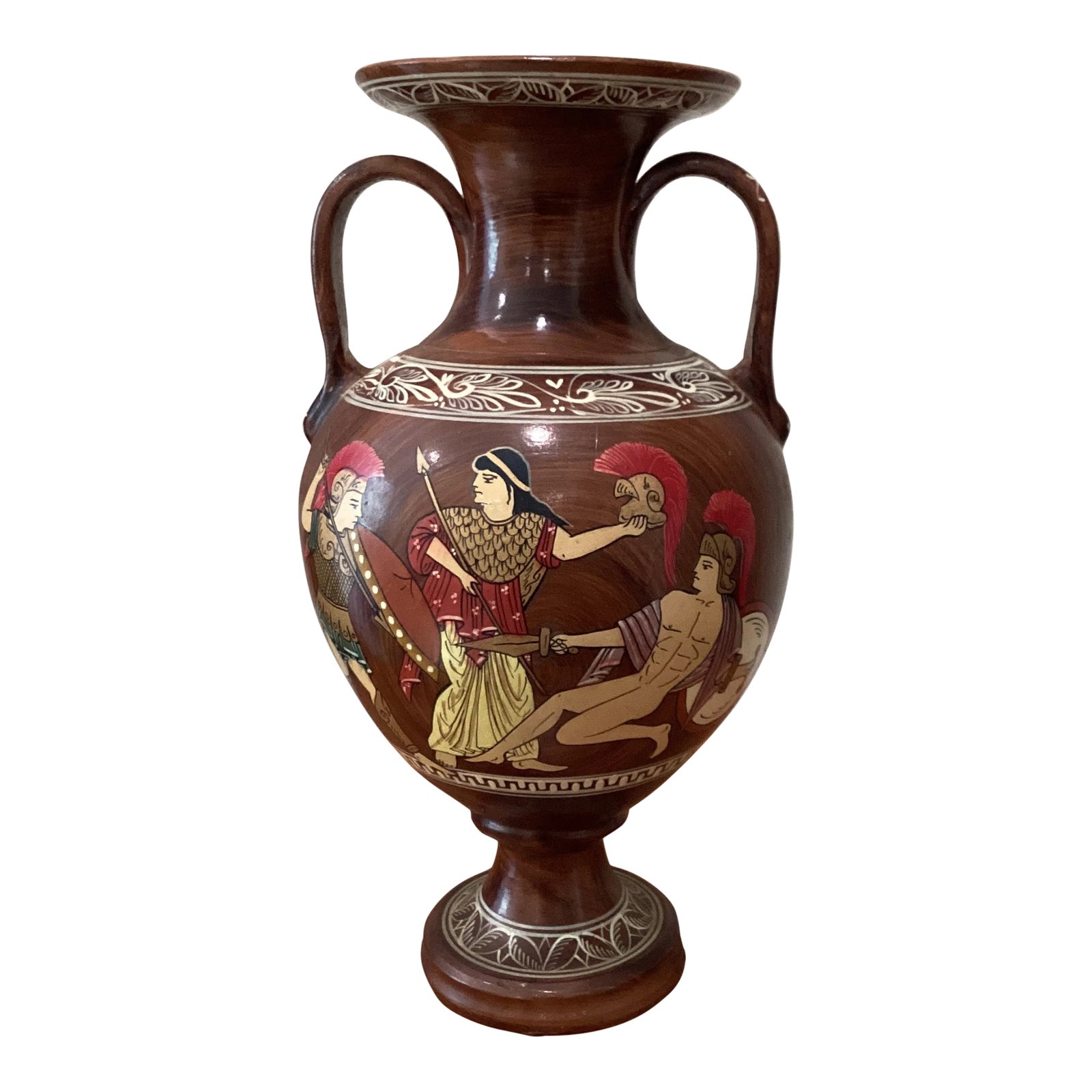 Vintage Mid 20th Century Clay Amphora Olympic Games Battle Ancient