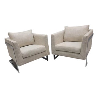 Mid Century Modern Attributed to Milo Baughman Chrome Flat Bar Cantilever Club Chairs Newly Reupholstered - Pair For Sale