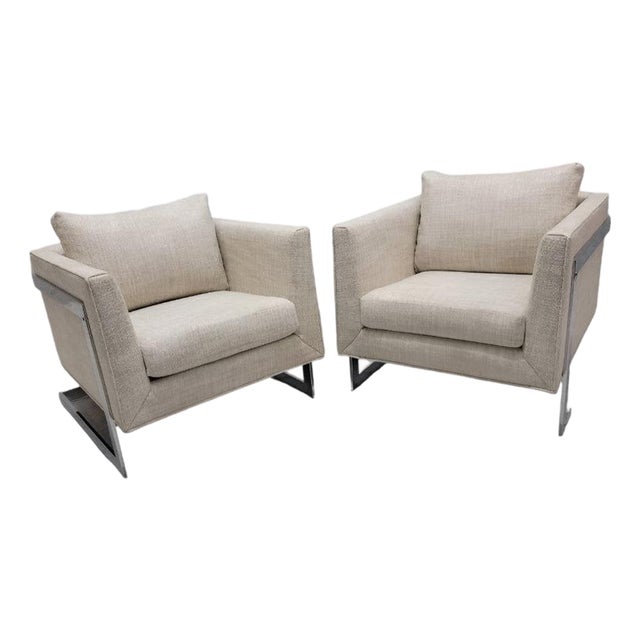 Mid Century Modern Attributed to Milo Baughman Chrome Flat Bar Cantilever Club Chairs Newly Reupholstered - Pair For Sale