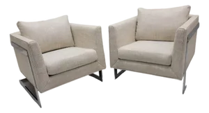 Mid Century Modern Attributed to Milo Baughman Chrome Flat Bar Cantilever Club Chairs Newly Reupholstered - Pair