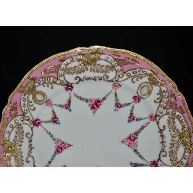 Antique Painted Porcelain Plate Nippon Encrusted Gold Pink Rose Garlands For Sale - Image 10 of 15
