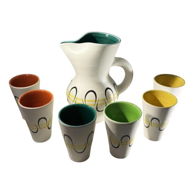 Ceramic Pitcher and Cups by André Baud for Vallauris, 1960s, Set of 7 For Sale