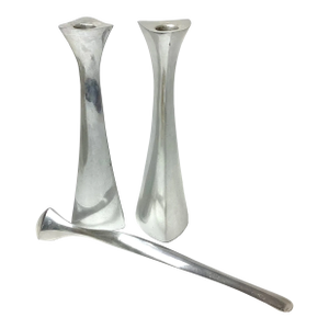 Pair of Nambe 596 Tri-Corner Aluminum Candlesticks & Candle Snuffer