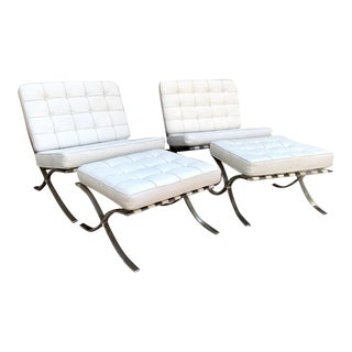 White Leather Barcelona Lounge Chairs and Ottomans in the Style of Ludwig Mies Van Der Rohe - Set of 4 For Sale