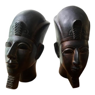 Beautiful Vintage Egyptian Busts Handcarved Stone Bookends Pair For Sale