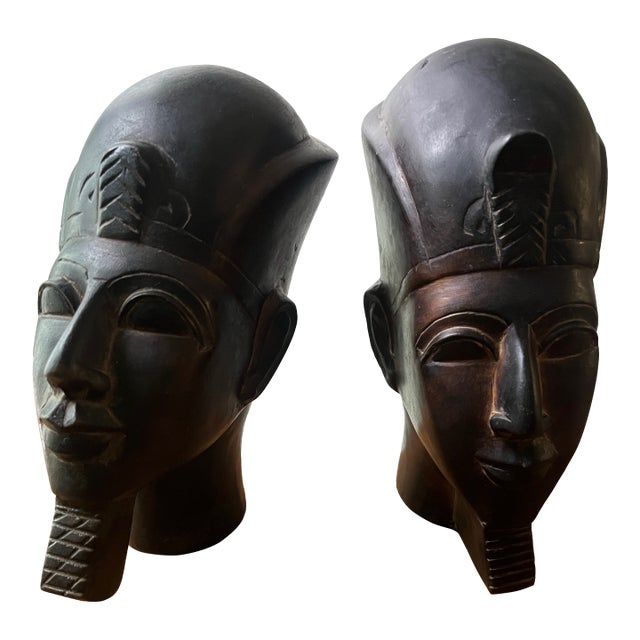 Beautiful Vintage Egyptian Busts Handcarved Stone Bookends Pair For Sale