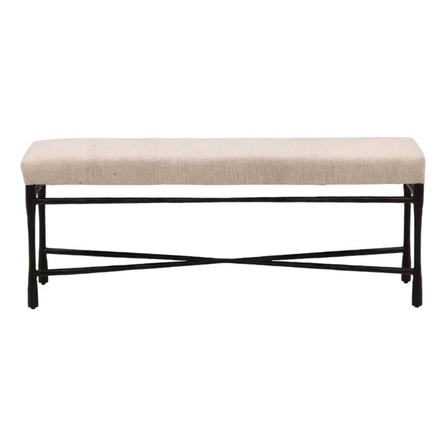 Upholstered Cream & Black Iron Bench For Sale