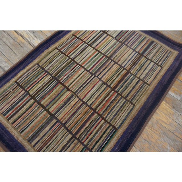 1920s Multi Purple Stripe Folk Art Antique American Hooked Rug 2'7" X 3'8" Knotted Wool Carpet For Sale - Image 9 of 13