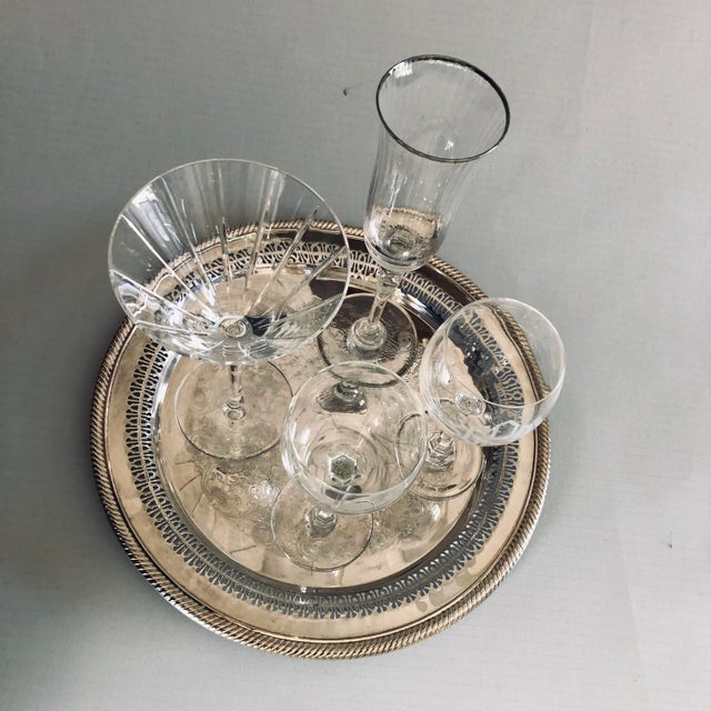 Vintage silver plated floral tray with mixed clear crystal bar glasses , ( Martini Glass, Champagne Glass, 2 wine glasses...